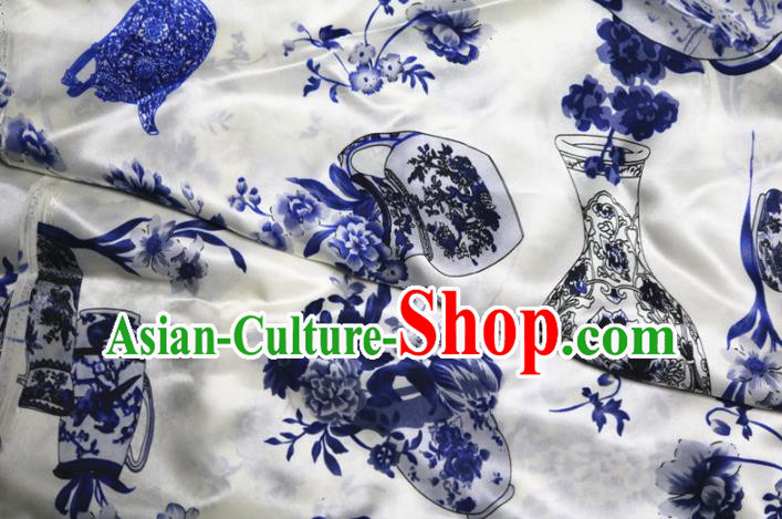 Chinese Traditional Printing Peony Vase Design Pattern White Silk Fabric Cheongsam Mulberry Silk Drapery Chinese Traditional Printing Peony Vase Design Pattern White Silk Fabric Cheongsam Mulberry Silk Drapery