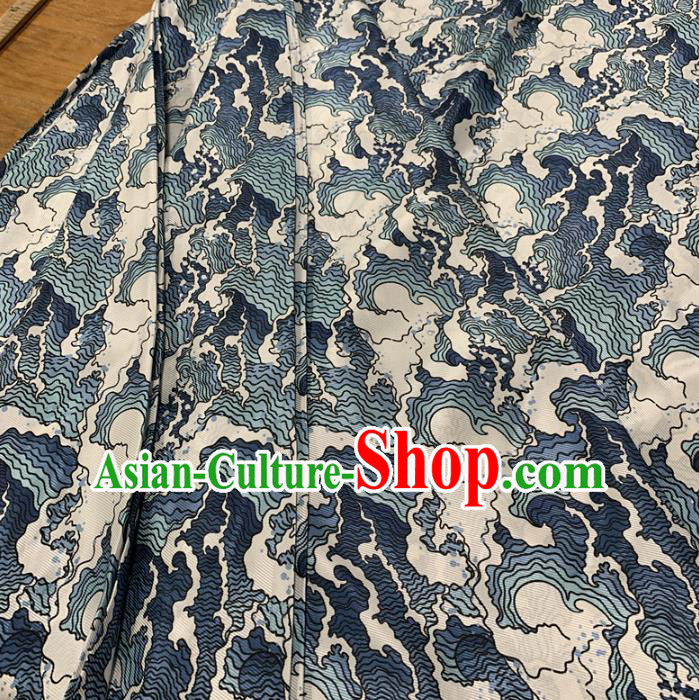 Chinese Traditional Blue Wave Design Pattern Silk Fabric Cheongsam Mulberry Silk Drapery