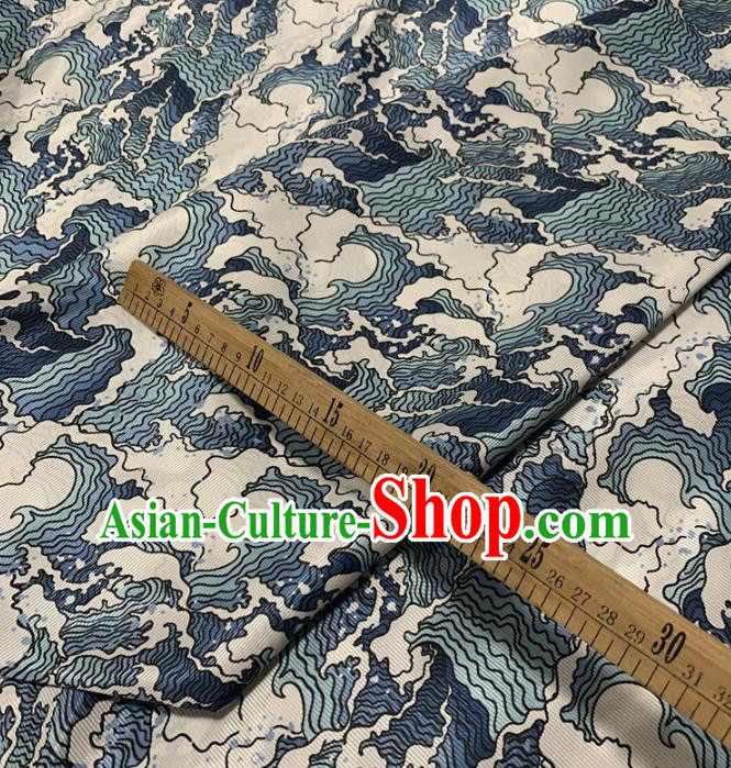Chinese Traditional Blue Wave Design Pattern Silk Fabric Cheongsam Mulberry Silk Drapery