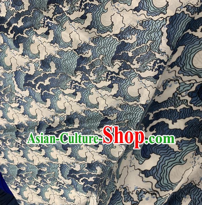 Chinese Traditional Blue Wave Design Pattern Silk Fabric Cheongsam Mulberry Silk Drapery