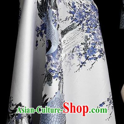Chinese Traditional Plum Crane Pattern White Brocade Fabric Cheongsam Tapestry Drapery