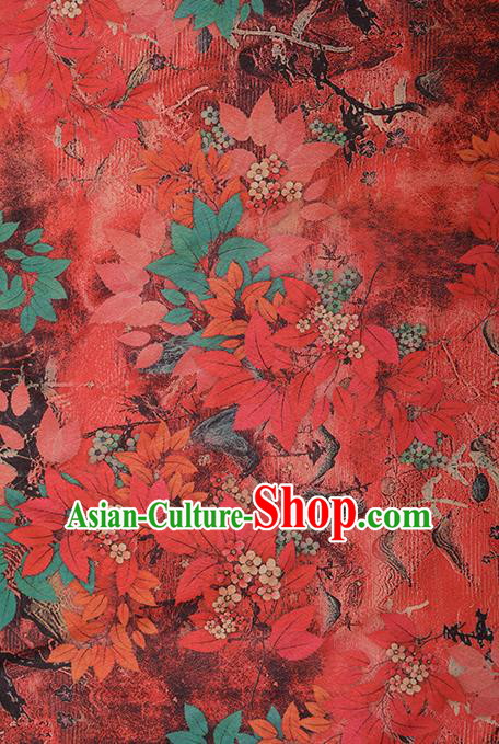 Chinese Traditional Leaf Design Pattern Red Silk Fabric Cheongsam Mulberry Silk Drapery Chinese Traditional Leaf Design Pattern Red Silk Fabric Cheongsam Mulberry Silk Drapery