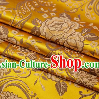 Chinese Traditional Twine Peony Lotus Pattern Yellow Brocade Fabric Cheongsam Tapestry Drapery