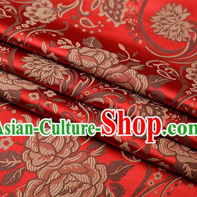 Chinese Traditional Twine Peony Lotus Pattern Red Brocade Fabric Cheongsam Tapestry Drapery