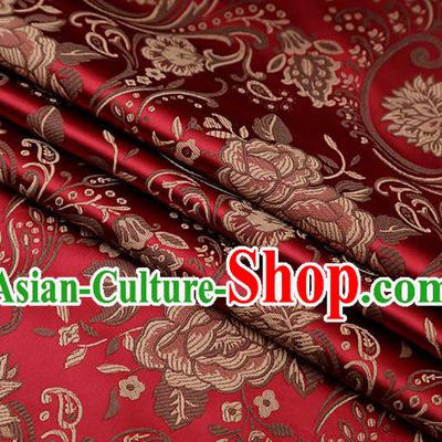 Chinese Traditional Twine Peony Lotus Pattern Wine Red Brocade Fabric Cheongsam Tapestry Drapery
