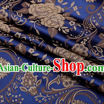 Chinese Traditional Twine Peony Lotus Pattern Navy Brocade Fabric Cheongsam Tapestry Drapery