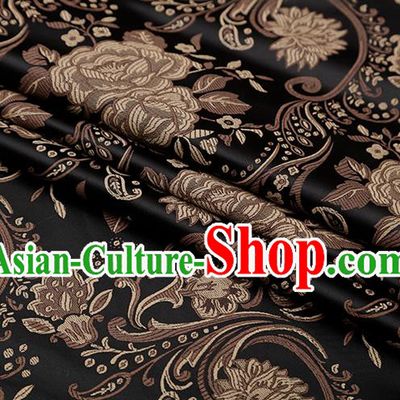 Chinese Traditional Twine Peony Lotus Pattern Black Brocade Fabric Cheongsam Tapestry Drapery