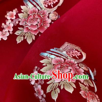 Chinese Classical Peony Pattern Design Red Silk Fabric Asian Traditional Hanfu Brocade Material