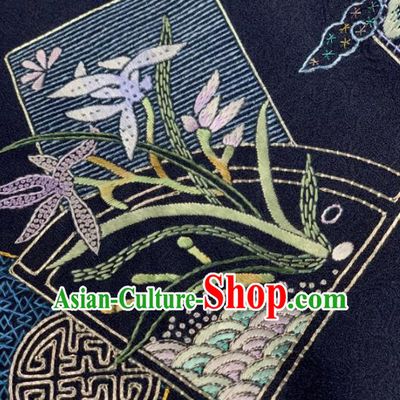 Chinese Classical Embroidered Orchid Pattern Design Navy Silk Fabric Asian Traditional Hanfu Brocade Material