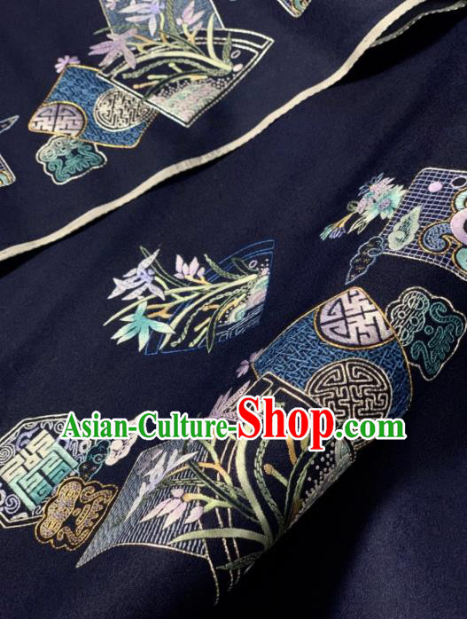 Chinese Classical Embroidered Orchid Pattern Design Navy Silk Fabric Asian Traditional Hanfu Brocade Material Chinese Classical Embroidered Orchid Pattern Design Navy Silk Fabric Asian Traditional Hanfu Brocade Material