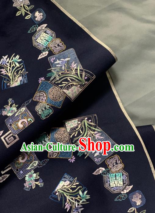 Chinese Classical Embroidered Orchid Pattern Design Navy Silk Fabric Asian Traditional Hanfu Brocade Material Chinese Classical Embroidered Orchid Pattern Design Navy Silk Fabric Asian Traditional Hanfu Brocade Material