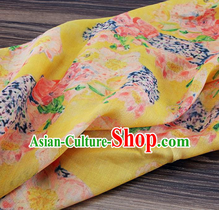 Chinese Traditional Flowers Design Pattern Yellow Ramie Fabric Cheongsam Ramee Drapery Chinese Traditional Flowers Design Pattern Yellow Ramie Fabric Cheongsam Ramee Drapery