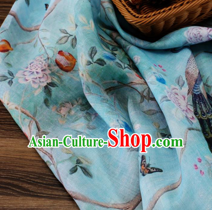 Chinese Traditional Peacock Peony Design Pattern Blue Ramie Fabric Cheongsam Ramee Drapery Chinese Traditional Peacock Peony Design Pattern Blue Ramie Fabric Cheongsam Ramee Drapery