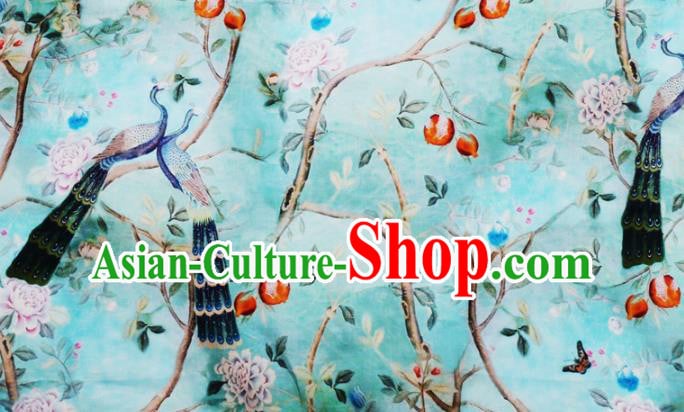 Chinese Traditional Peacock Peony Design Pattern Blue Ramie Fabric Cheongsam Ramee Drapery Chinese Traditional Peacock Peony Design Pattern Blue Ramie Fabric Cheongsam Ramee Drapery