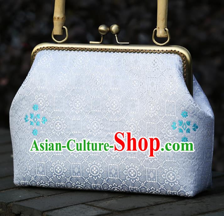 Chinese Traditional Pattern White Brocade Bamboo Handle Bag Handmade Cheongsam Handbag for Women Chinese Traditional Pattern White Brocade Bamboo Handle Bag Handmade Cheongsam Handbag for Women
