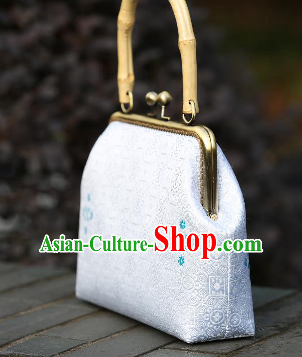 Chinese Traditional Pattern White Brocade Bamboo Handle Bag Handmade Cheongsam Handbag for Women Chinese Traditional Pattern White Brocade Bamboo Handle Bag Handmade Cheongsam Handbag for Women