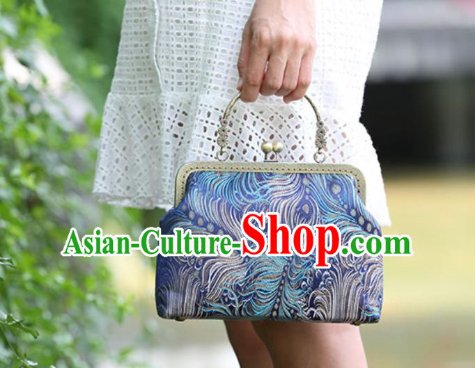 Chinese Traditional Feather Pattern Blue Brocade Bag Handmade Cheongsam Handbag for Women Chinese Traditional Feather Pattern Blue Brocade Bag Handmade Cheongsam Handbag for Women