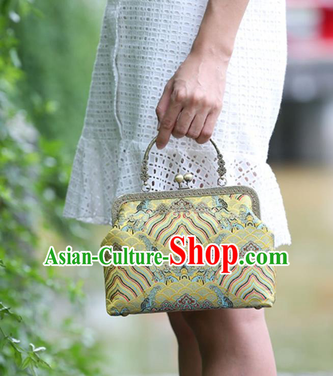 Chinese Traditional Wave Pattern Yellow Brocade Bag Handmade Cheongsam Handbag for Women Chinese Traditional Wave Pattern Yellow Brocade Bag Handmade Cheongsam Handbag for Women