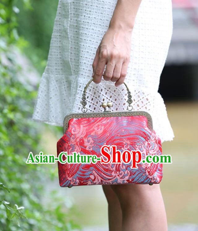 Chinese Traditional Wave Pattern Red Brocade Bag Handmade Cheongsam Handbag for Women Chinese Traditional Wave Pattern Red Brocade Bag Handmade Cheongsam Handbag for Women