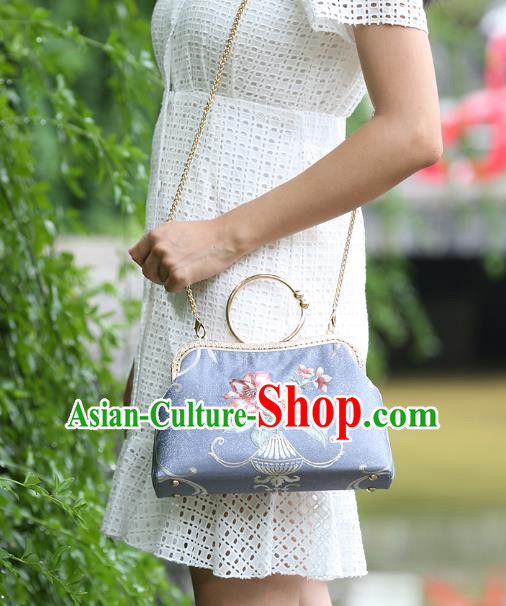 Chinese Traditional Embroidered Flowers Pattern Blue Bag Handmade Cheongsam Handbag for Women Chinese Traditional Embroidered Flowers Pattern Blue Bag Handmade Cheongsam Handbag for Women