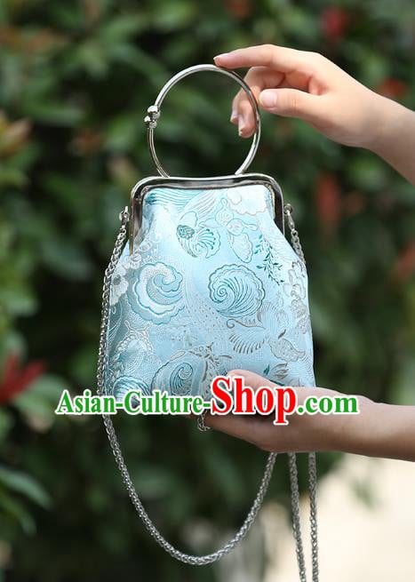 Chinese Traditional Butterfly Pattern Blue Brocade Bag Handmade Cheongsam Silk Handbag for Women Chinese Traditional Butterfly Pattern Blue Brocade Bag Handmade Cheongsam Silk Handbag for Women