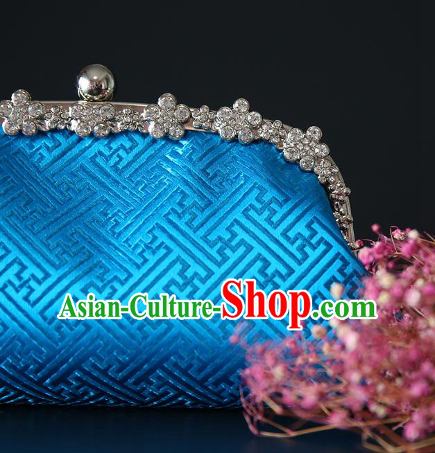 Chinese Traditional Pattern Blue Brocade Bag Handmade Cheongsam Silk Handbag for Women Chinese Traditional Pattern Blue Brocade Bag Handmade Cheongsam Silk Handbag for Women