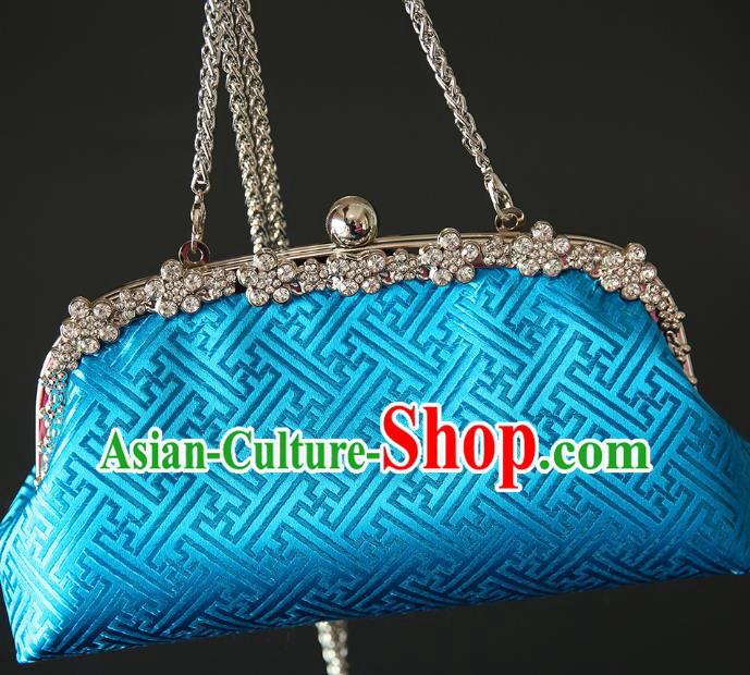 Chinese Traditional Pattern Blue Brocade Bag Handmade Cheongsam Silk Handbag for Women Chinese Traditional Pattern Blue Brocade Bag Handmade Cheongsam Silk Handbag for Women