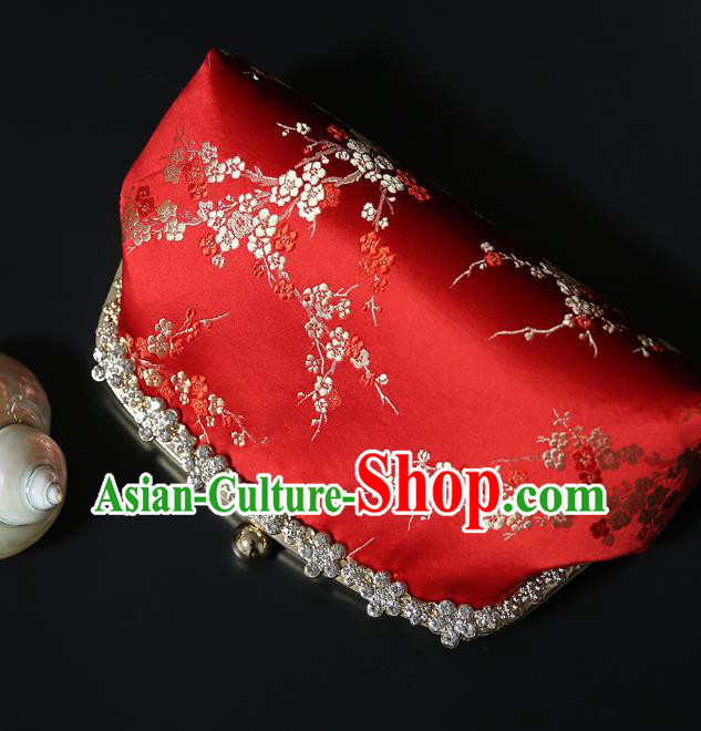 Chinese Traditional Plum Pattern Red Brocade Bag Handmade Cheongsam Silk Handbag for Women