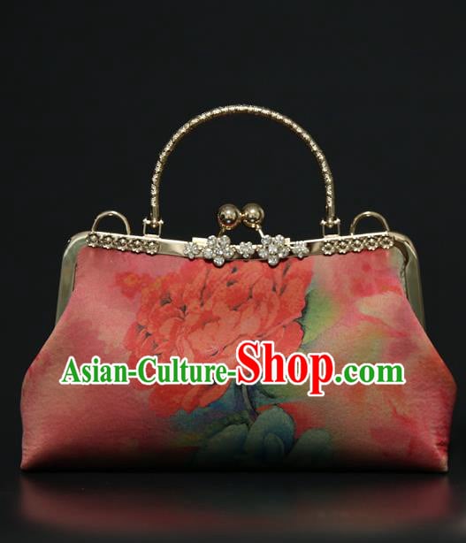 Chinese Traditional Peony Pattern Pink Brocade Bag Handmade Cheongsam Silk Handbag for Women Chinese Traditional Peony Pattern Pink Brocade Bag Handmade Cheongsam Silk Handbag for Women