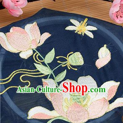 Chinese Traditional Embroidered Lotus Navy Chiffon Applique Accessories Embroidery Patch