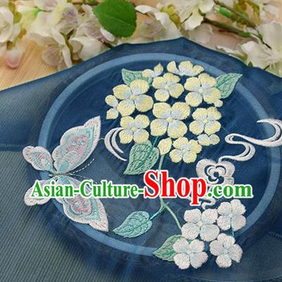Chinese Traditional Embroidered Hydrangea Butterfly Navy Chiffon Applique Accessories Embroidery Patch