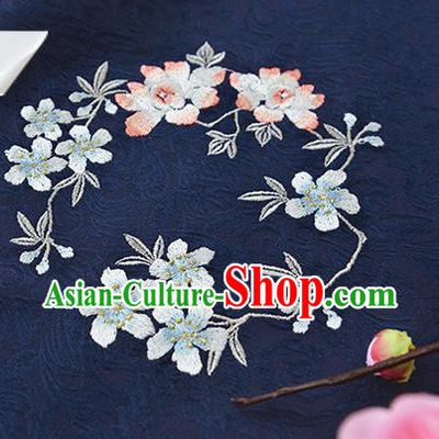 Chinese Traditional Embroidered Plum Lotus Navy Silk Applique Accessories Embroidery Patch