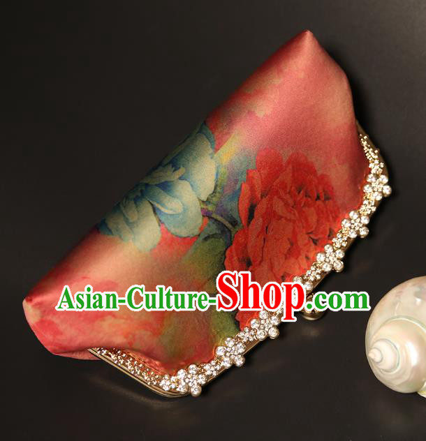 Chinese Traditional Peony Pattern Red Brocade Bag Handmade Cheongsam Silk Handbag for Women Chinese Traditional Peony Pattern Red Brocade Bag Handmade Cheongsam Silk Handbag for Women