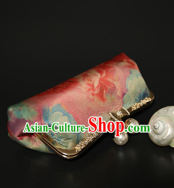 Chinese Traditional Peony Pattern Pink Brocade Bag Handmade Cheongsam Silk Handbag for Women Chinese Traditional Peony Pattern Pink Brocade Bag Handmade Cheongsam Silk Handbag for Women