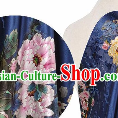 Chinese Classical Peony Pattern Design Navy Silk Fabric Asian Traditional Hanfu Mulberry Silk Material