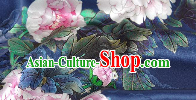 Chinese Classical Peony Pattern Design Navy Silk Fabric Asian Traditional Hanfu Mulberry Silk Material Chinese Classical Peony Pattern Design Navy Silk Fabric Asian Traditional Hanfu Mulberry Silk Material