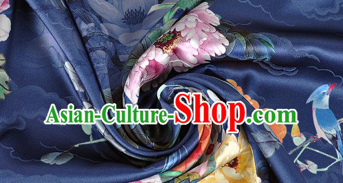 Chinese Classical Peony Pattern Design Navy Silk Fabric Asian Traditional Hanfu Mulberry Silk Material Chinese Classical Peony Pattern Design Navy Silk Fabric Asian Traditional Hanfu Mulberry Silk Material