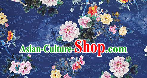 Chinese Classical Peony Pattern Design Navy Silk Fabric Asian Traditional Hanfu Mulberry Silk Material Chinese Classical Peony Pattern Design Navy Silk Fabric Asian Traditional Hanfu Mulberry Silk Material