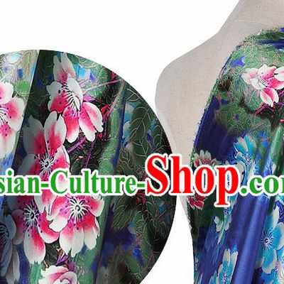 Chinese Classical Peach Blossom Pattern Design Royalblue Silk Fabric Asian Traditional Hanfu Mulberry Silk Material