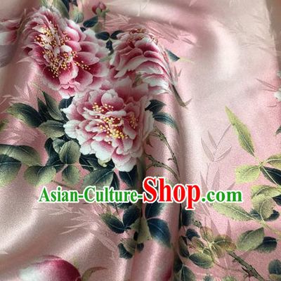 Chinese Classical Bamboo Peony Pattern Design Pink Silk Fabric Asian Traditional Hanfu Mulberry Silk Material
