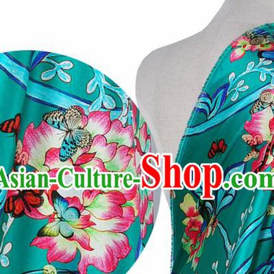 Chinese Classical Twine Peony Pattern Design Green Silk Fabric Asian Traditional Hanfu Mulberry Silk Material