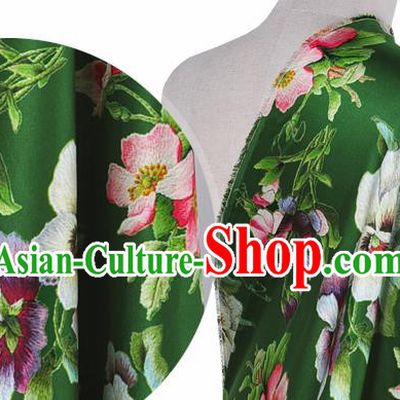 Chinese Classical Phalaenopsis Pattern Design Deep Green Silk Fabric Asian Traditional Hanfu Mulberry Silk Material