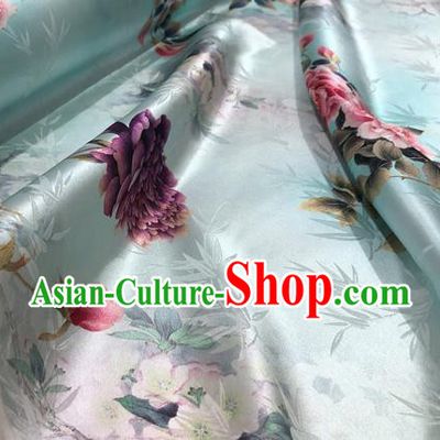 Chinese Classical Bamboo Peony Pattern Design Light Green Silk Fabric Asian Traditional Hanfu Mulberry Silk Material