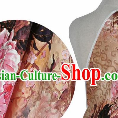 Chinese Classical Peony Pattern Design Light Brown Silk Fabric Asian Traditional Hanfu Mulberry Silk Material
