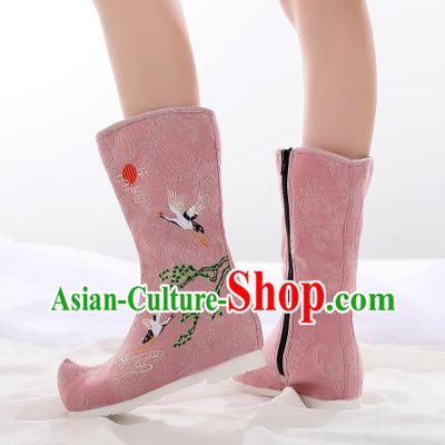 Traditional Chinese Kung Fu Pink Boots Opera Shoes Hanfu Shoes Embroidered Crane Boots for Women