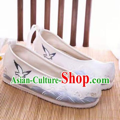 Chinese Embroidered Sea Gull White Shoes Hanfu Shoes Women Shoes Opera Shoes Princess Shoes