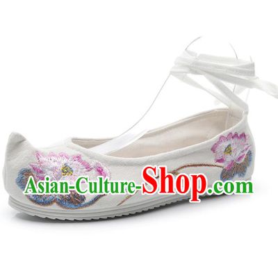 Traditional Chinese Embroidered Lotus Beige Shoes Hanfu Shoes Women Shoes Opera Shoes Princess Shoes