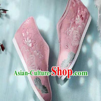 Chinese Pink Embroidered Lotus Shoes Hanfu Shoes Women Shoes Opera Shoes Princess Shoes