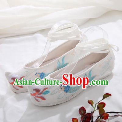 Traditional Chinese Embroidered Carp White Shoes Hanfu Shoes Women Shoes Opera Shoes Princess Shoes