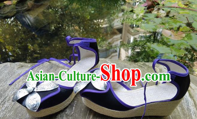 Traditional Chinese Handmade Black Wedge Heel Shoes Women Yunnan National Shoes Embroidered Sandal Traditional Chinese Handmade Black Wedge Heel Shoes Women Yunnan National Shoes Embroidered Sandal